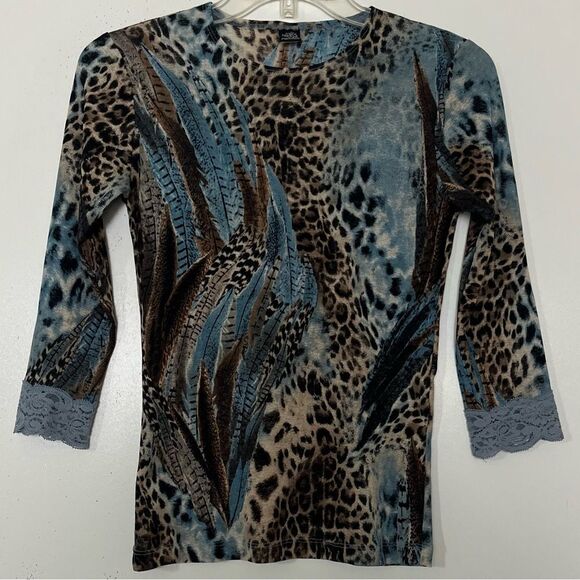 Y2K Only Hearts NYC Long Sleeve Animal Print Feathers Lace Fitted Sheer Medium - Picture 2 of 11